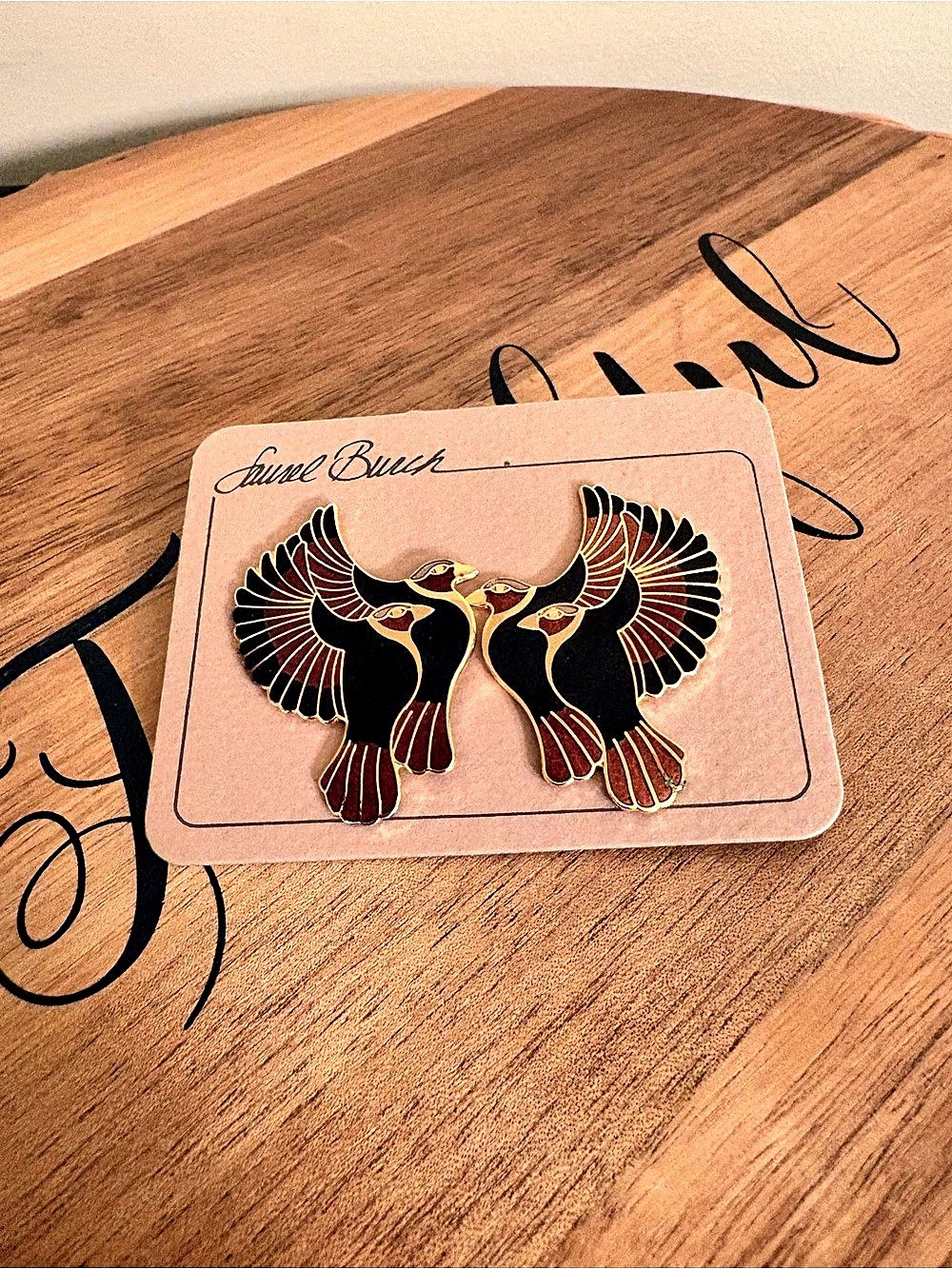 Vintage 1980’s Laurel Burch Flying Birds Enamel Stud Earrings Black & Gold